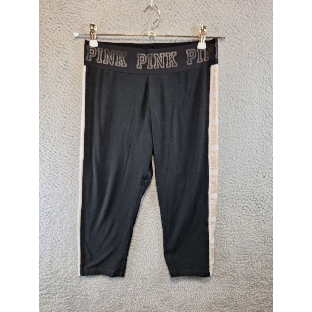 Victoria Secret Pink Yoga Leggings Womens L Black (Fits W28xL19)‎ Capri Logo
